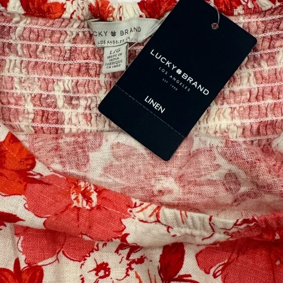 LUCKY BRAND NWT Floral Linen Blend Short Puff Sleeve Crop Top Red White Large - Picture 8 of 9